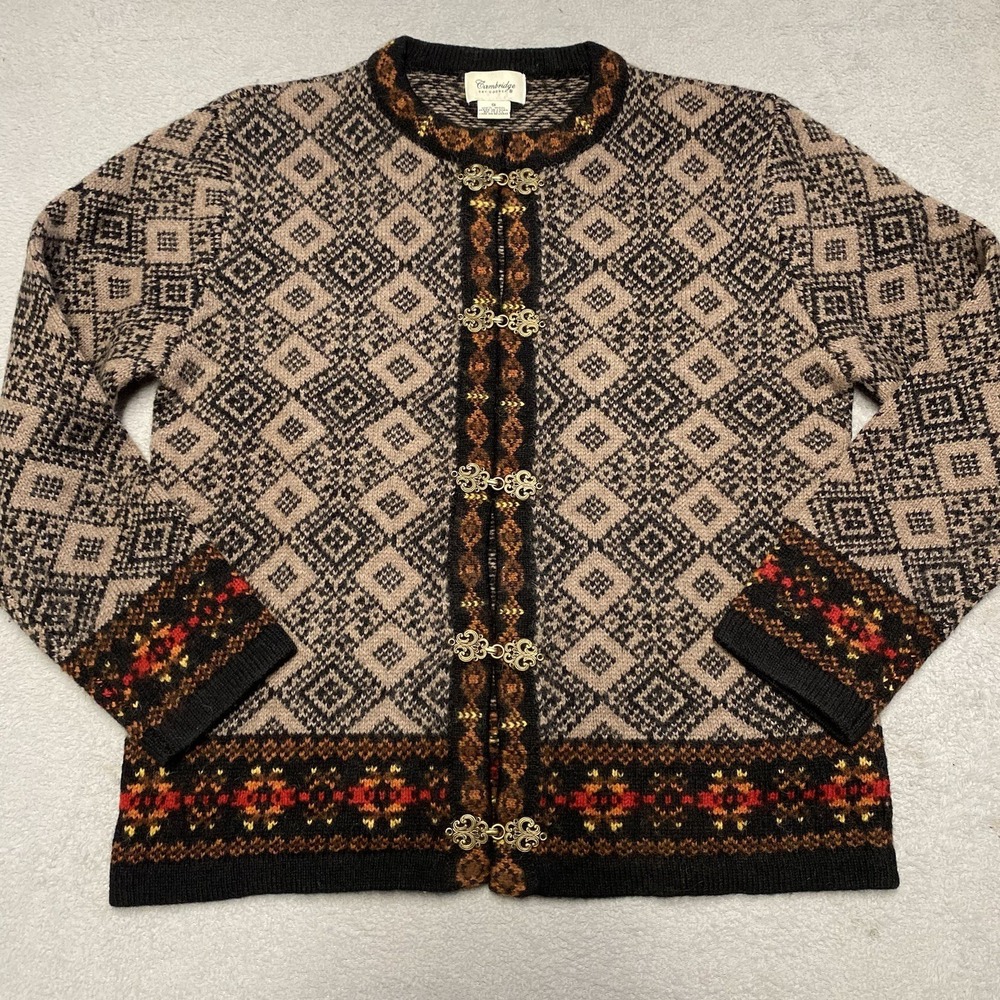 Cambridge Dry Goods Wool Cardigan Sweater Small Nordic Fair Isle Geometric Clasp